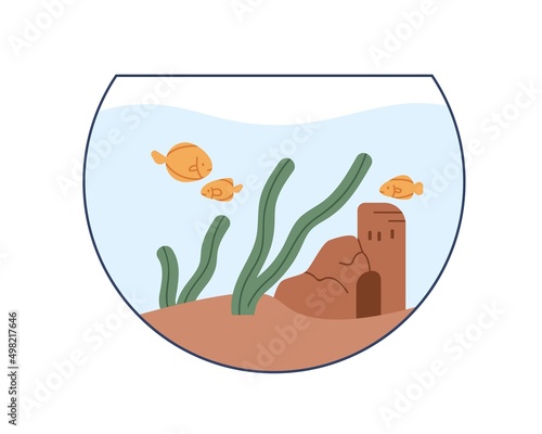Aquarium with goldfishes swimming in water. Round glass fishbowl with gold fishes, seaweeds, sand castle. Home decorative fauna. Interior decor. Flat vector illustration isolated on white background