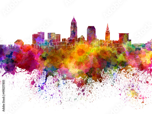 Cleveland skyline in watercolor on white background © Paulrommer