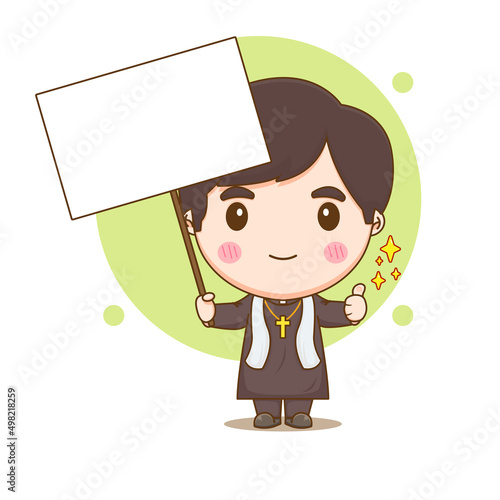 Cute priest holding empty board chibi cartoon character illustration