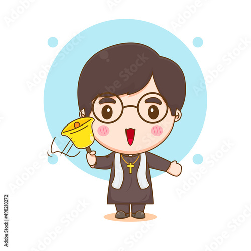 Cute priest holding golden bell chibi cartoon character illustration