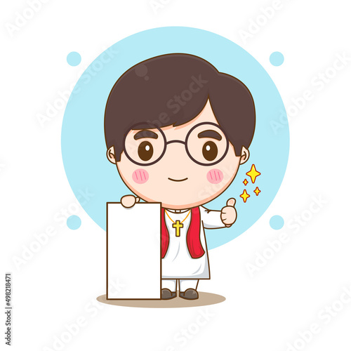 Cute priest showing thumb up chibi cartoon character illustration