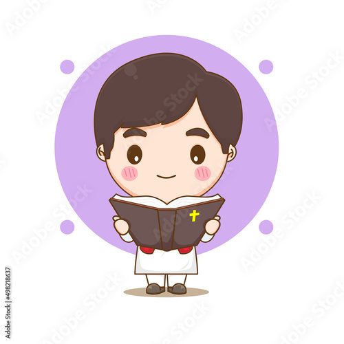 Cute priest reading the bible chibi cartoon character illustration