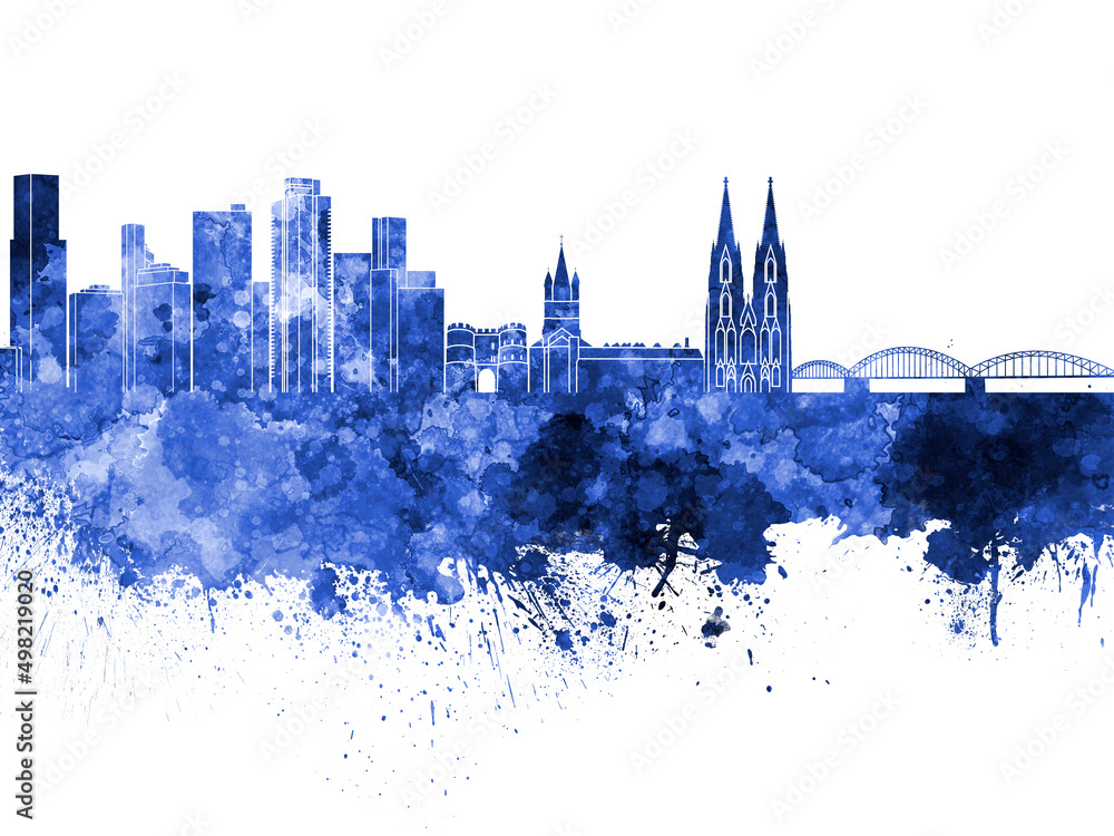 Cologne skyline in blue watercolor on white background