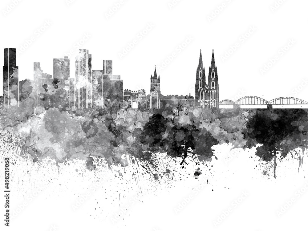 Cologne skyline in black watercolor on white background