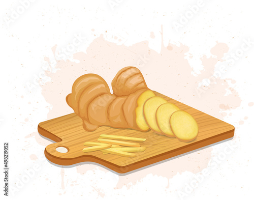 A chopped Ginger vector illustration with ginger pieces on a wooden chopping board