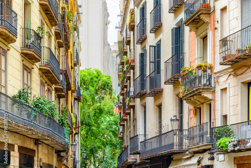 Scenic balconies of old houses in the Gothic Quarter, Barcelona