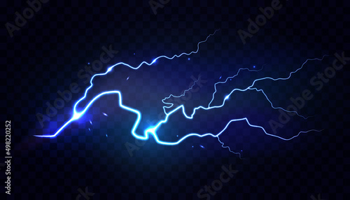 Neon spark, electric thunderbolt lightning realistic effect with shining and glowing. Vector illustration, thunderstorm bad weather condition, plasma discharge, rainstorm dangerous force