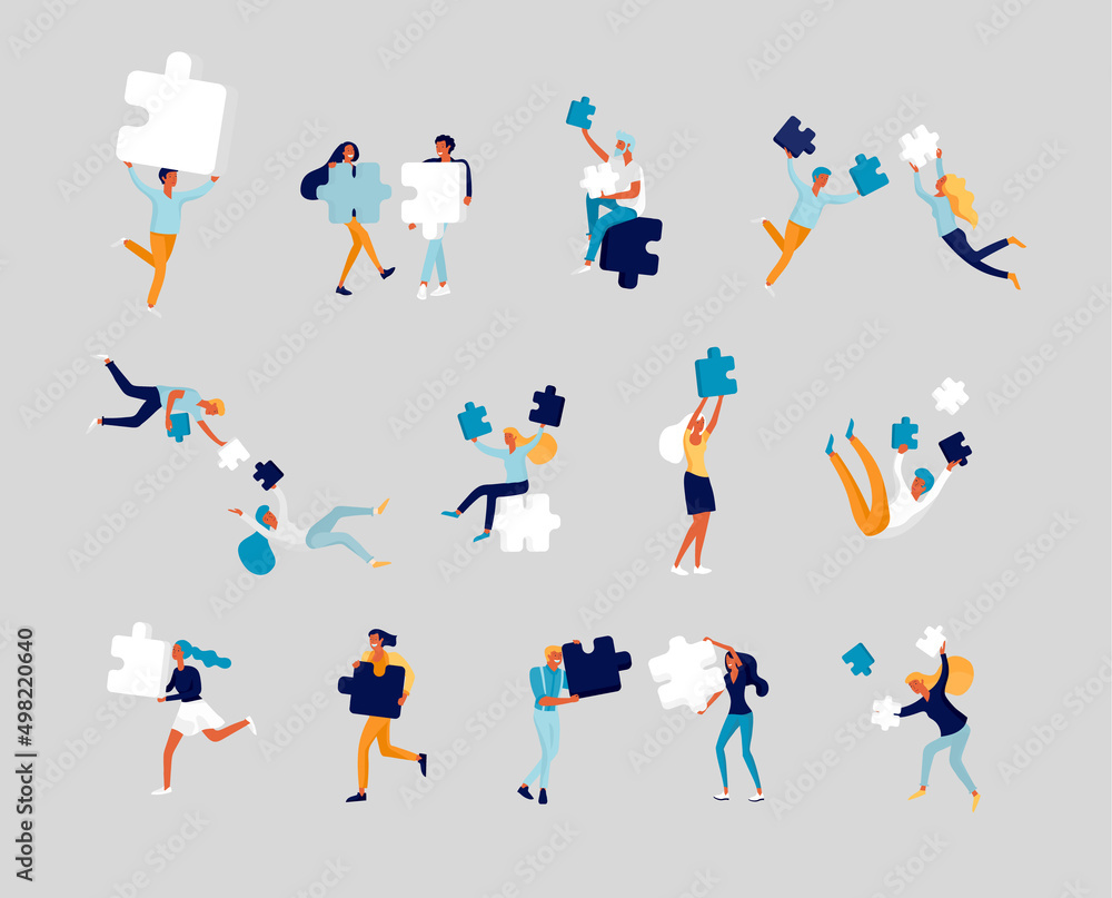 Fototapeta premium Vector character business people with infographic of puzzle have solution. Goal thinking. Cooperation by group to create a team. Concept for web design Colorful flat concept