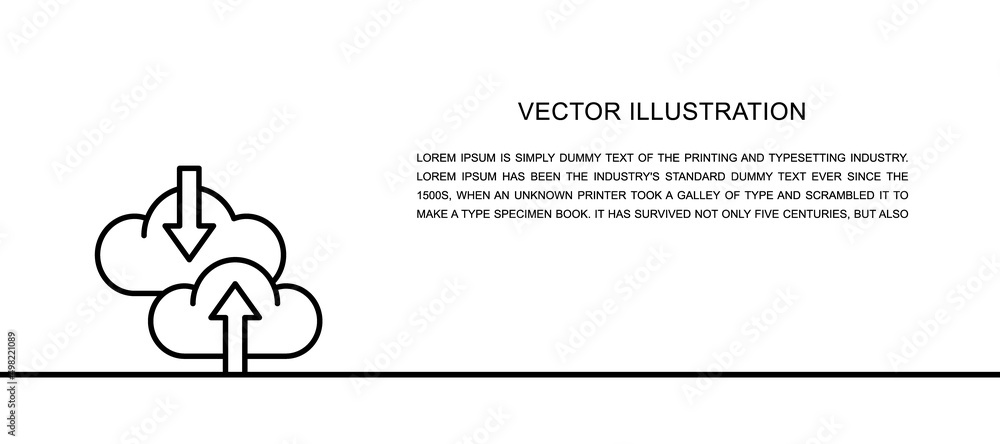 Vector cloud, data transfer, download, loading one line icon. Continuous one line illustration.