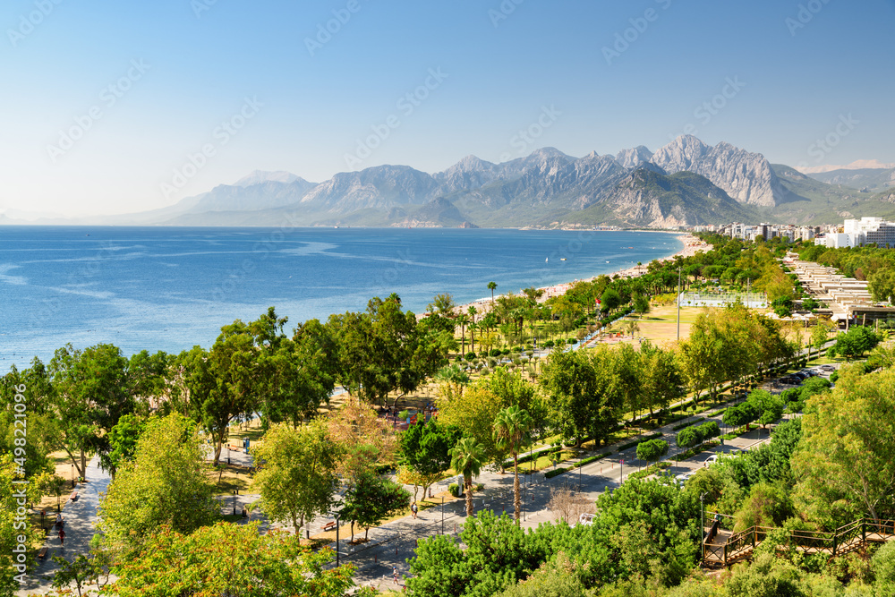 View of Konyaalti Beach and Park in Antalya, Turkey