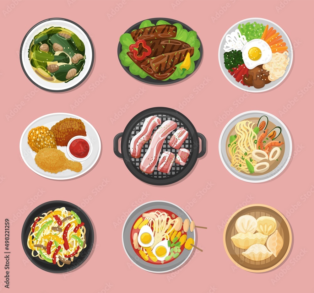 Korean food top view. Vegetarian dinner lunch, meal in bowl and plates. Asian bbq, traditional oriental kimchi soup and noodles, neoteric vector kit