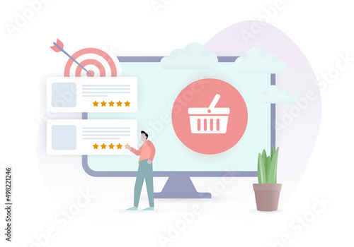 Customer Feedback Strategy concept. The drawn character of the customer leaves a review and puts a rating with stars on the purchased goods. Business quality rating vector illustration