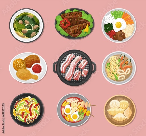 Korean food top view. Vegetarian dinner lunch, meal in bowl and plates. Asian bbq, traditional oriental kimchi soup and noodles, neoteric vector kit