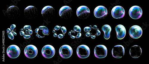 Sud and soap bubbles set, isolated deformation or explosion animation motion. Vector flat cartoon, design of bubbly water or shampoo soap with multicolored surface and glossy shining