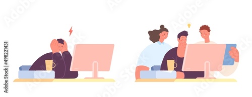 Tired burnout man has problems with work. Colleagues come to help and reload working process. Support in business, office creative team vector characters