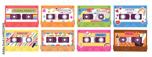 Cassette. 80s 90s audio tapes, retro music technology. Cartoon flat cassettes with stickers, mix songs, pop hits romantic and disco, decent vector kit © MicroOne