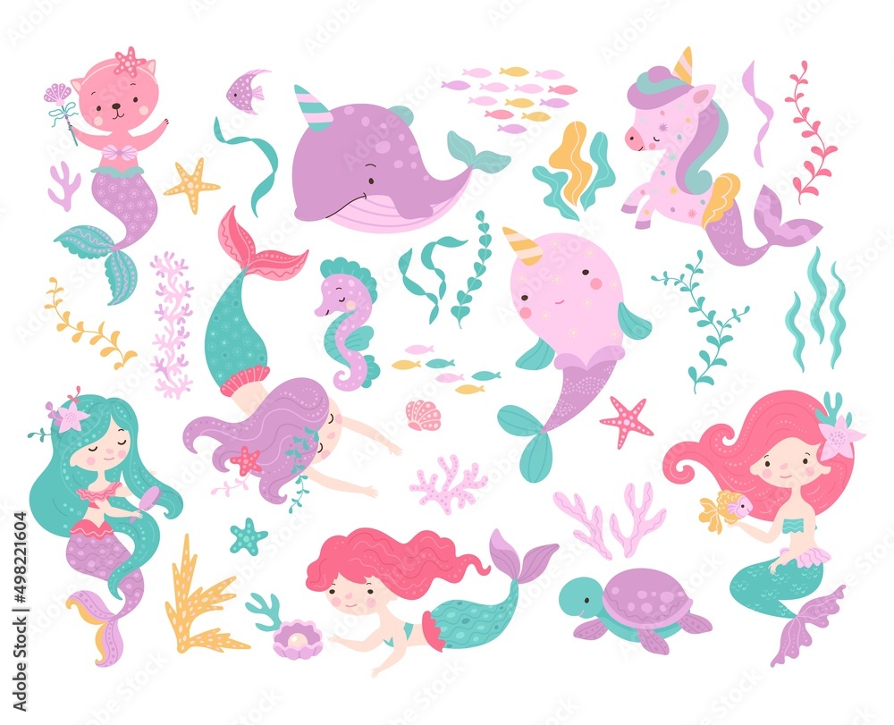 Fototapeta premium Sea cartoon unicorn. Mermaid character, fish and seahorse. Cartoon cat with mermaids tail, underwater turtle and creature. Mythical nowaday vector sea kit