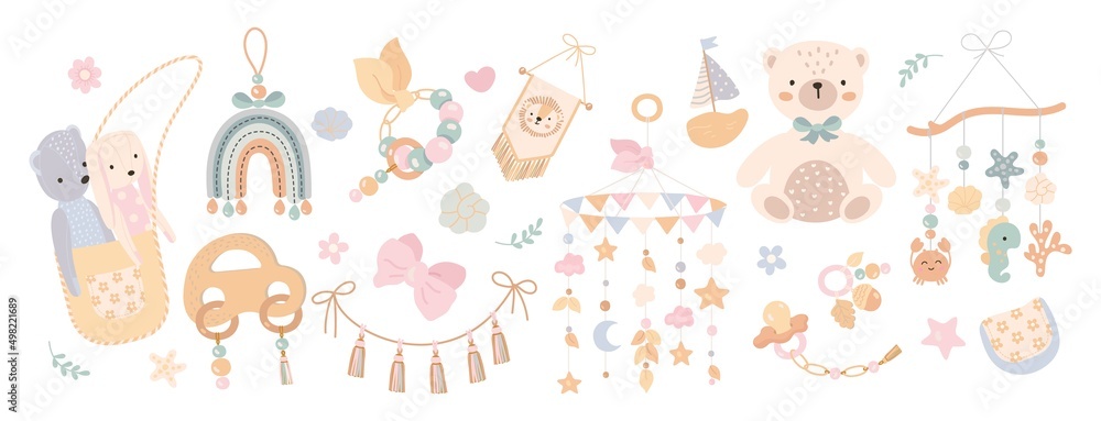 Cute baby toys. Scandinavian style toy, funny children elements collection. Plush bear and beads. Childish, newborn nowaday vector art clipart Cute baby toys. Scandinavian style toy, funny children elements collection. Plush bear and beads. Childish, newborn nowaday vector art clipart