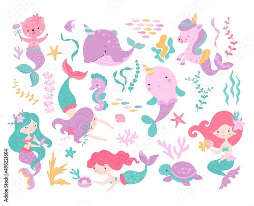 Sea cartoon unicorn. Mermaid character, fish and seahorse. Cartoon cat with mermaids tail, underwater turtle and creature. Mythical nowaday vector sea kit