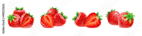 Piles of natural strawberry, isolated fresh and ripe berry summer food snack. Vector flat cartoon fruit with green leaves, realistic strawberry for juice, yogurt brand, vitamins and antioxidants