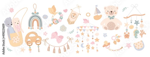 Cute baby toys. Scandinavian style toy, funny children elements collection. Plush bear and beads. Childish, newborn nowaday vector art clipart