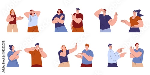 Ignoring people. Denial and close ears, human dont listen or looking at friends. Teenagers refuse parents advice, personal borders save. Emotional kicky vector set