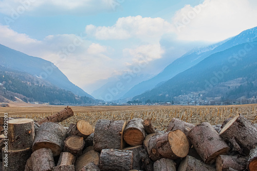 stack of firewood with mountains as a background
