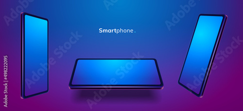 Presentation of smartphone, 3d mobile phone in different positions and sides shown. Vector realistic cartoon tablet with neon gradient background. Ultra thin display of gadgets, modern technologies