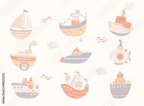 Scandinavian ship. Cruiser sailboat and kids submarine boat. Boy shirt print, cartoon flat ocean cute elements. Sea adventures, doodle baby toy nowaday vector set