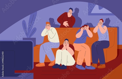 Friends watch horror. Watching film and scared together. Movie or tv show, man woman sitting on sofa at home. Teenagers or kicky young adults party vector scene