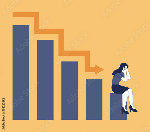 Crisis concept. Bankruptcy with falling down profit graph and money