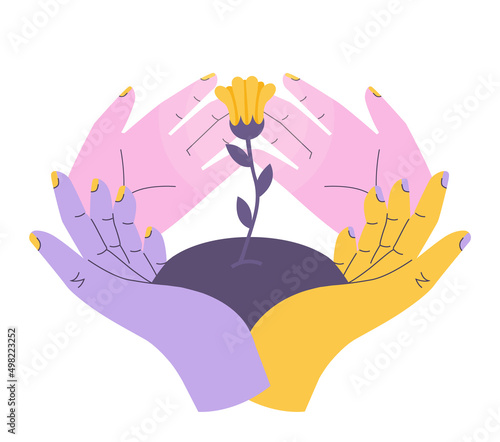 Hands of group of people putting together. Characters supporting