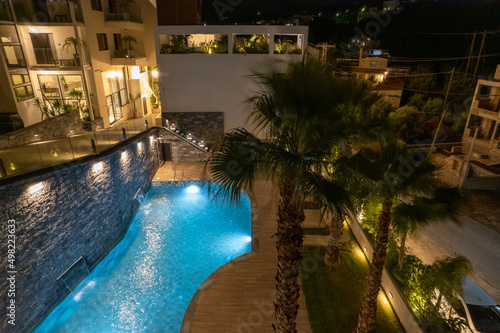 Above view of a hotel swimming pool in the night