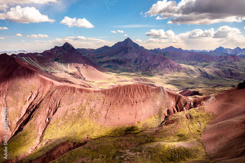 Aerial view of the Red Valley near the Vinicunca Rainbow Mountain in the Andes of Peru photo