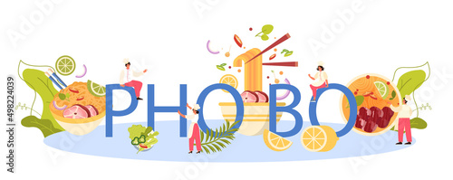 Pho bo typographic header. Vietnamese soup in a bowl. Traditional spicy