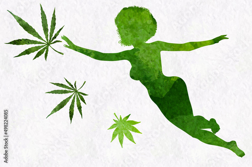 Woman's silhouette with afro hairstyle flying around marijhuana leafs. Watercolor vector design template