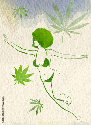 Woman's silhouette with afro hairstyle flying around marijhuana leafs. Watercolor vector design template