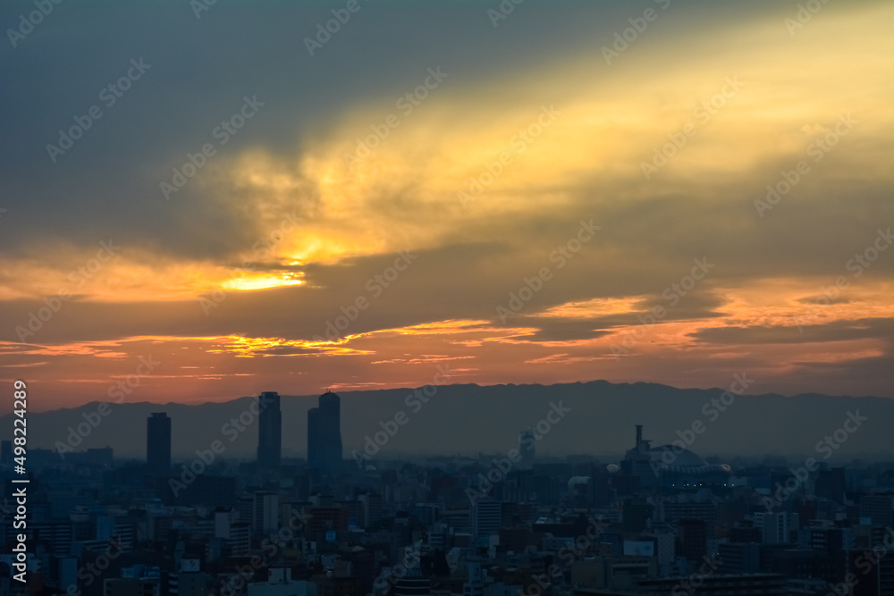 Sunset over Osaka city, Japan