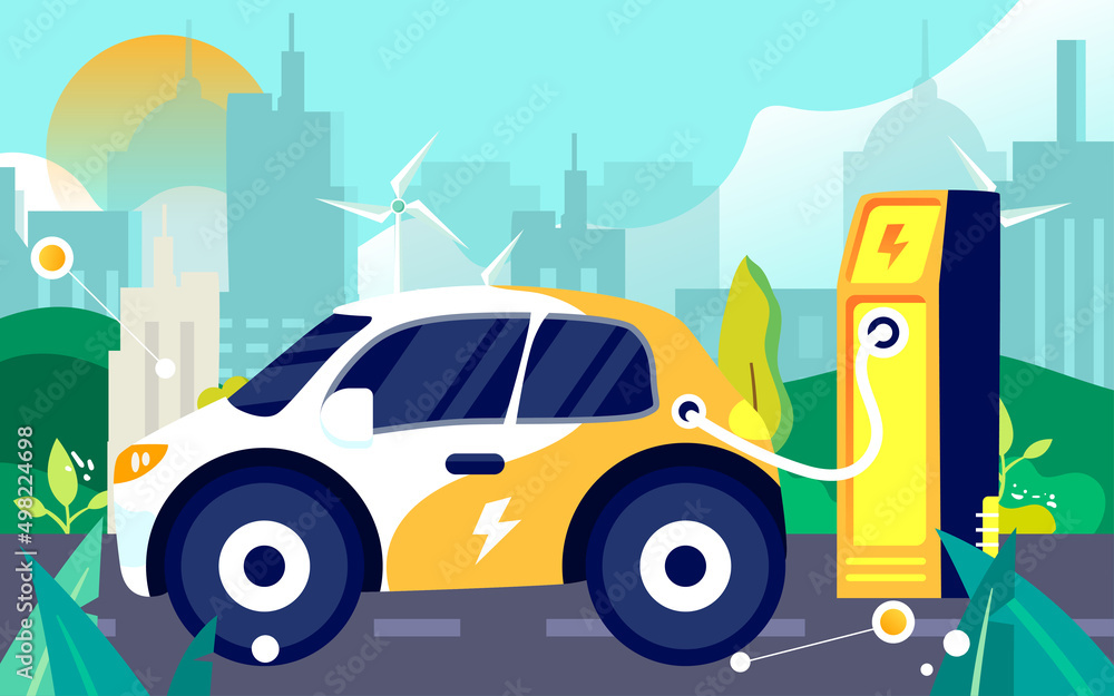 Naklejka premium New energy vehicle is charging at charging pile, low carbon life, vector illustration