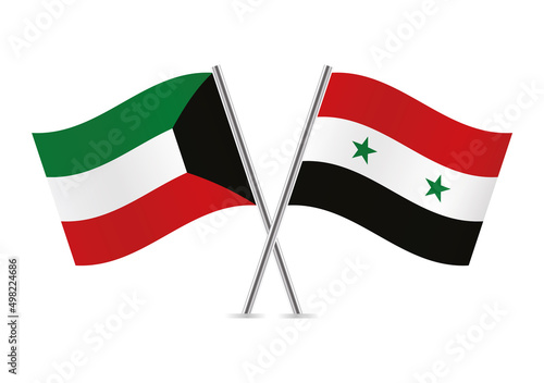 Kuwait and Syria crossed flags. Kuwaiti and Syrian flags on white background. Vector icon set. Vector illustration.