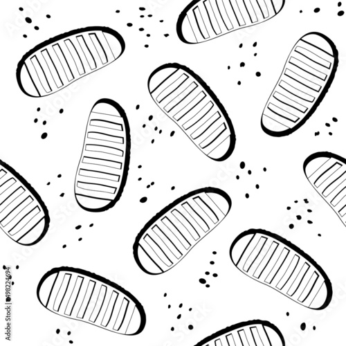 Seamless pattern with astronaut boot footprints on Moon surface. Vector background with spaceman step traces on alien planet sand. Black track of first foot print of cosmonaut shoe in space