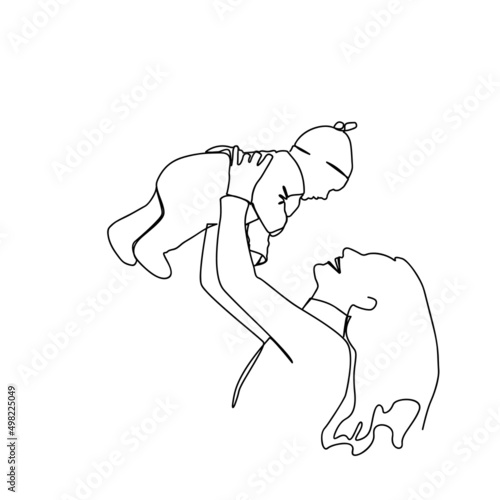 A mother with a baby in her arms laughs happily. Drawing with one line.