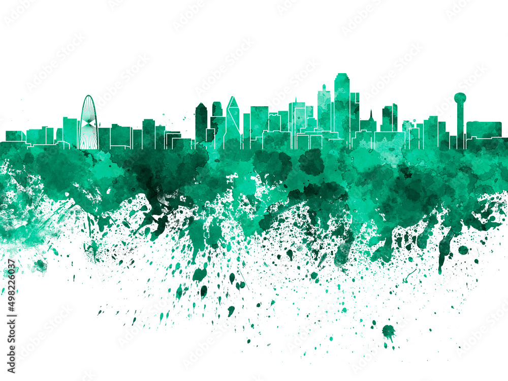 Dallas skyline in watercolor on white background