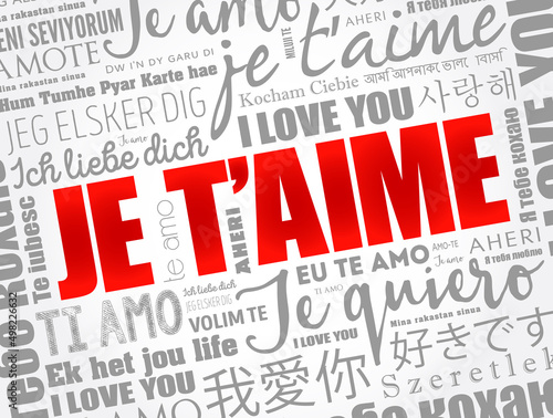 Je t’aime (I Love You in French) in different languages of the world, word cloud background
