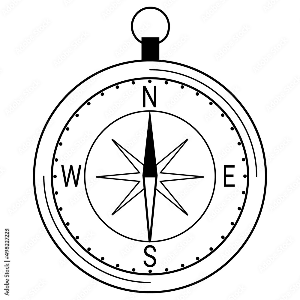 Hand drawn compass. Device for navigation. Determining the direction of the path. Doodle style. Vector.