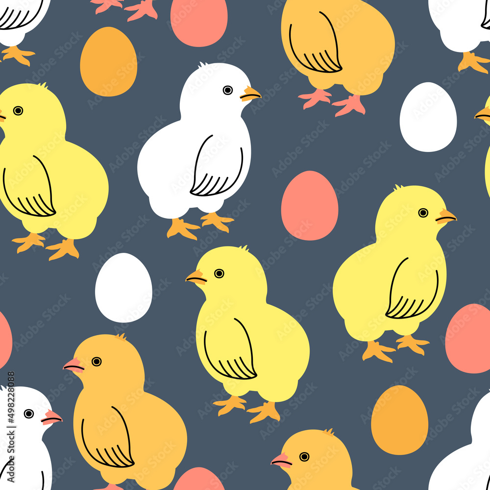 Vector seamless pattern with colorful chickens and eggs on a dark background