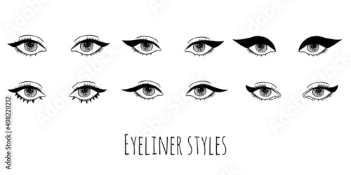 Collection of eyeliner styles. Beauty concept. Various application of eye make-up for everyday, festival of stage.