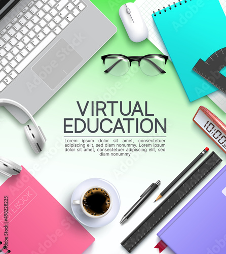 Virtual learning vector poster design. Virtual education text with laptop, notebook, mouse and headphones education items background for online school study. Vector illustration.