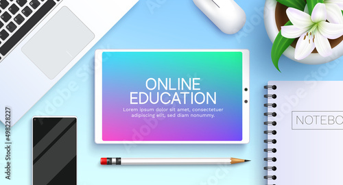E-learning vector concept design. Online education text in tablet screen device with notebook, laptop and phone elements for back to school distance learning class. Vector illustration. 
