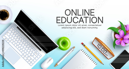 E-learning vector background design. Online education text with laptop, phone device and  back to school items for educational distance learning copy space decoration. Vector illustration.